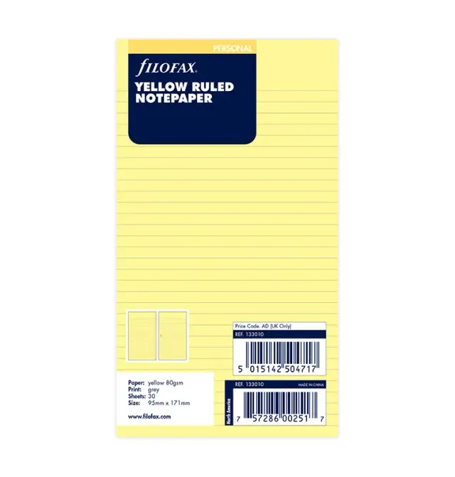 Filofax Classic Personal feuilles lignées jaunes 30 feuilles