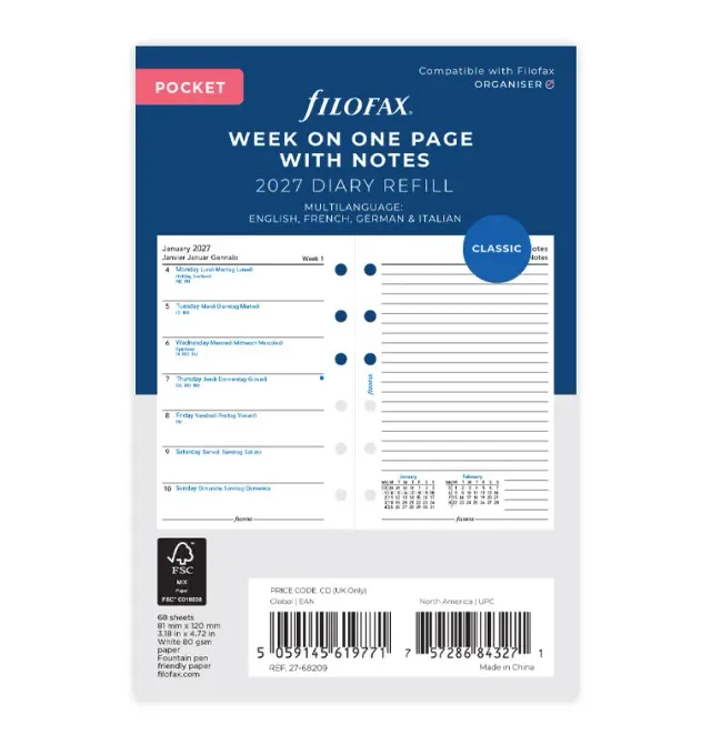 Filofax Classic Pocket recharge semaine par page 2027