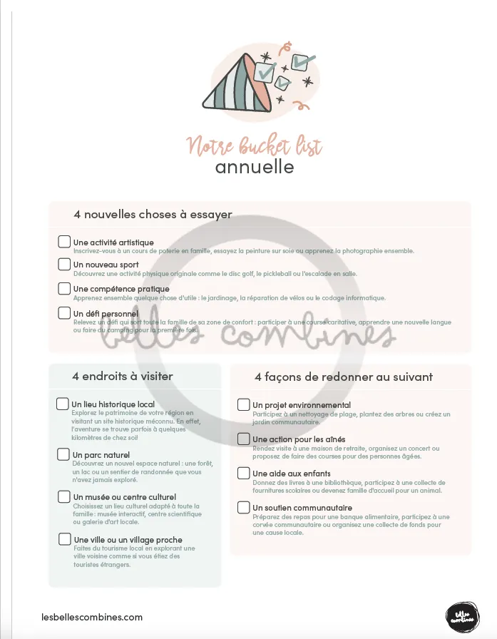 Les Belles Combines Bucket list familiale fiche à imprimer