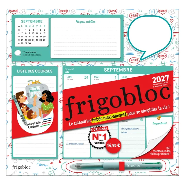 Frigobloc Hebdomadaire 4 couleurs 2027 calendrier familial 16 mois