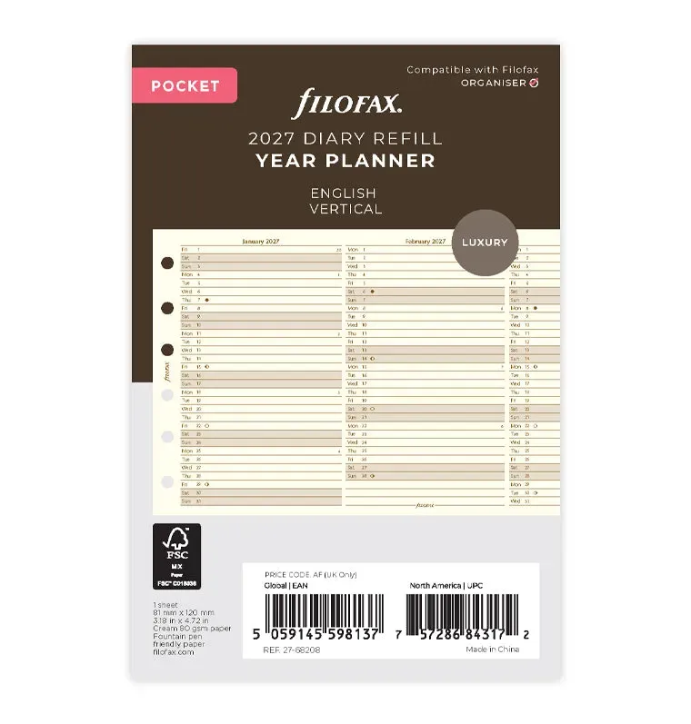 Filofax Classic planner vertical Pocket 2027 crème anglais