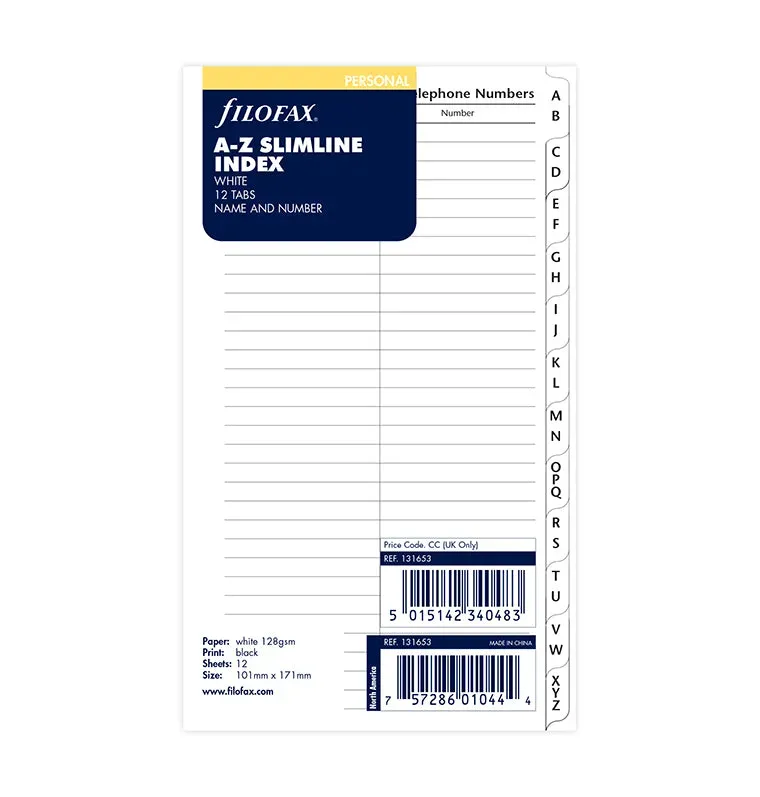 Filofax Classic répertoire A-Z Personal adresses anglais