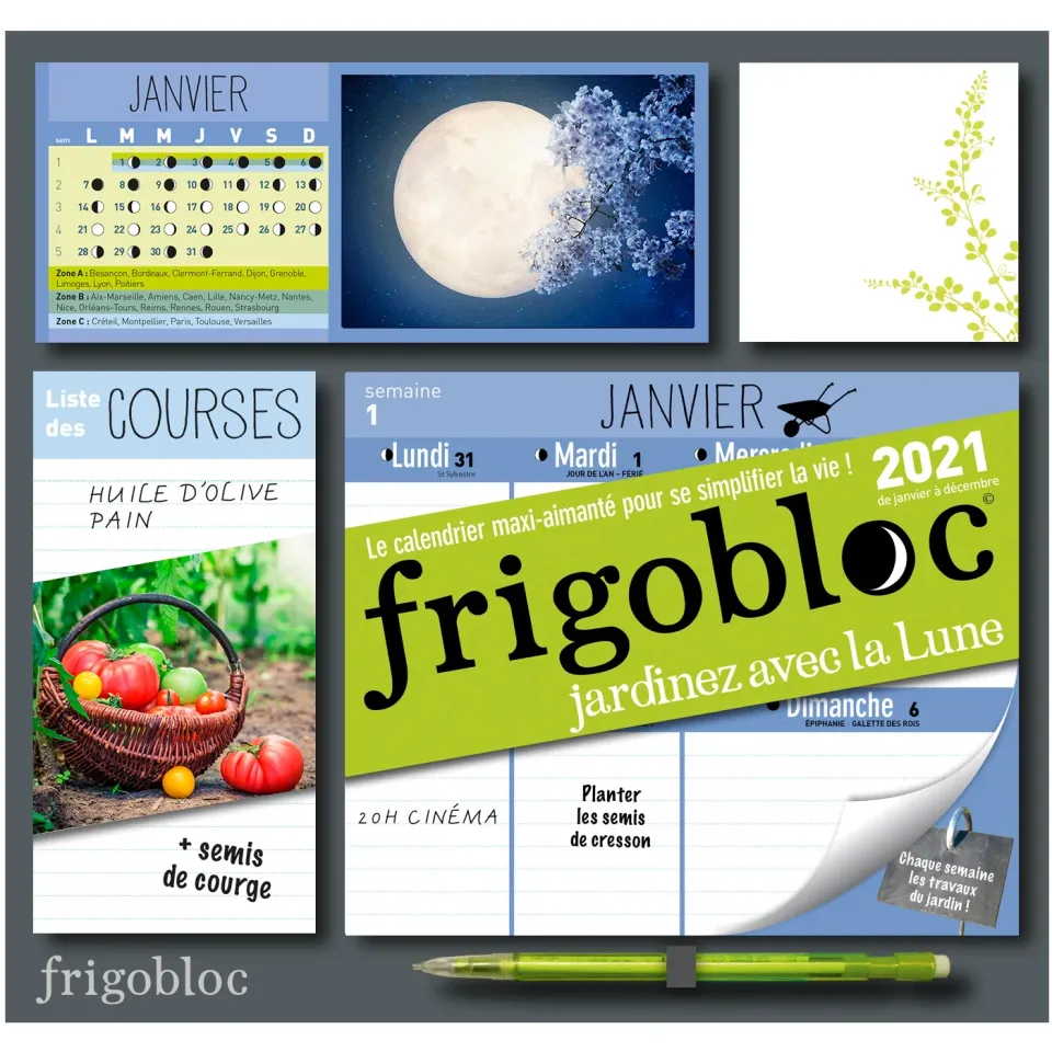 Frigobloc Jardiner avec la lune calendrier familial aimanté