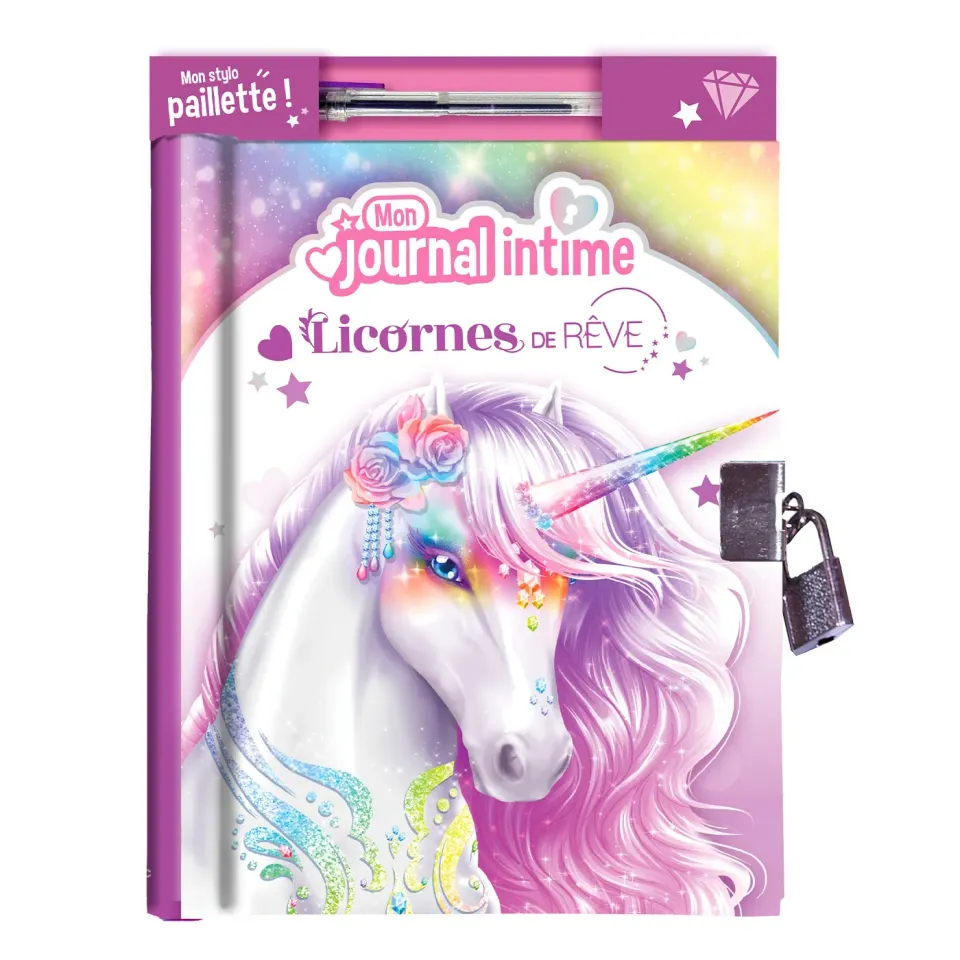 Frigobloc Licornes journal intime cadenas stylo pailleté