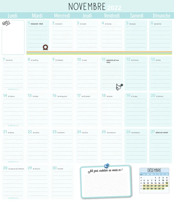 Frigobloc Mensuel 2023 calendrier familial aimanté sept 2022-déc 2023