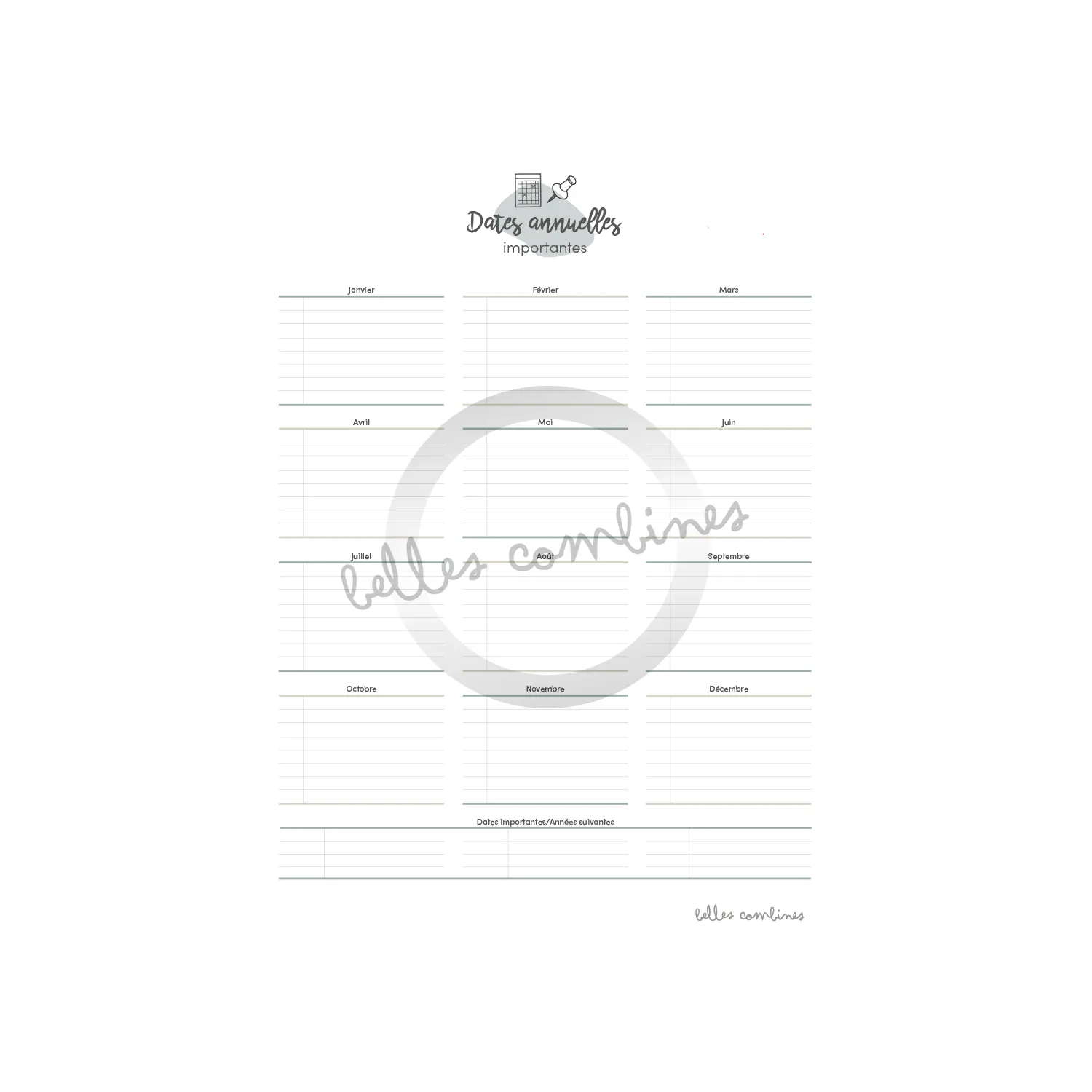 Les Belles Combines Feuille dates importantes fiche annuelle française