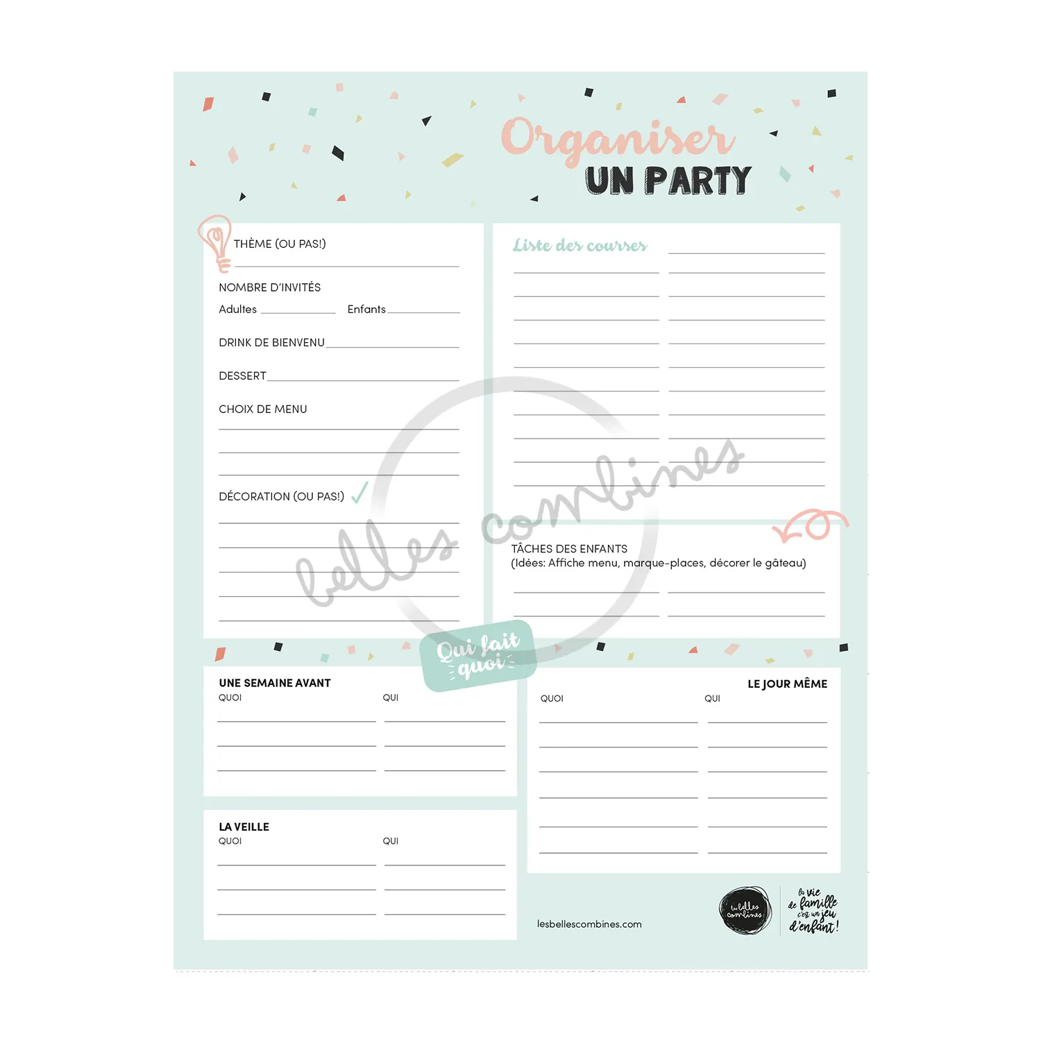 Les Belles Combines Organiser un party fiche à imprimer FR-EN