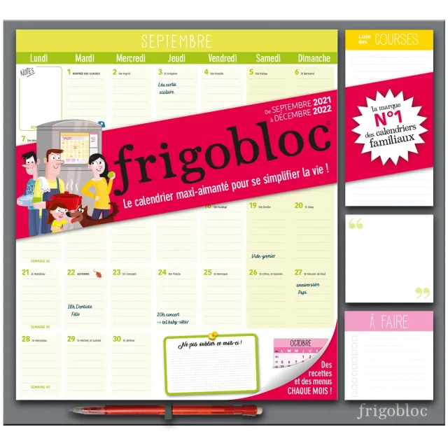 Frigobloc Mensuel 2022 calendrier familial aimanté sept 2021-déc 2022