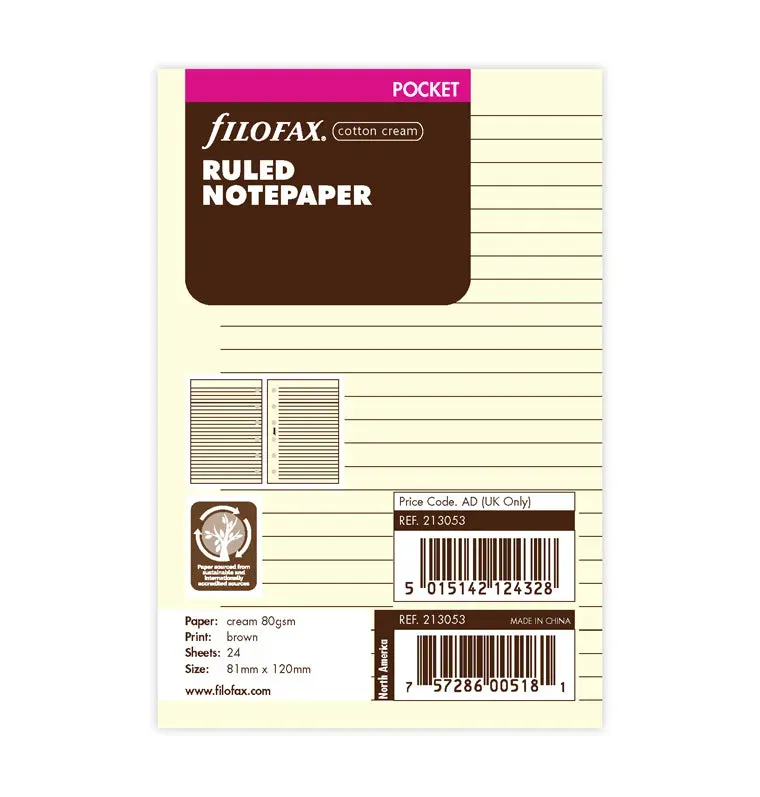 Filofax Pocket feuilles lignées crème 20 feuilles ligné