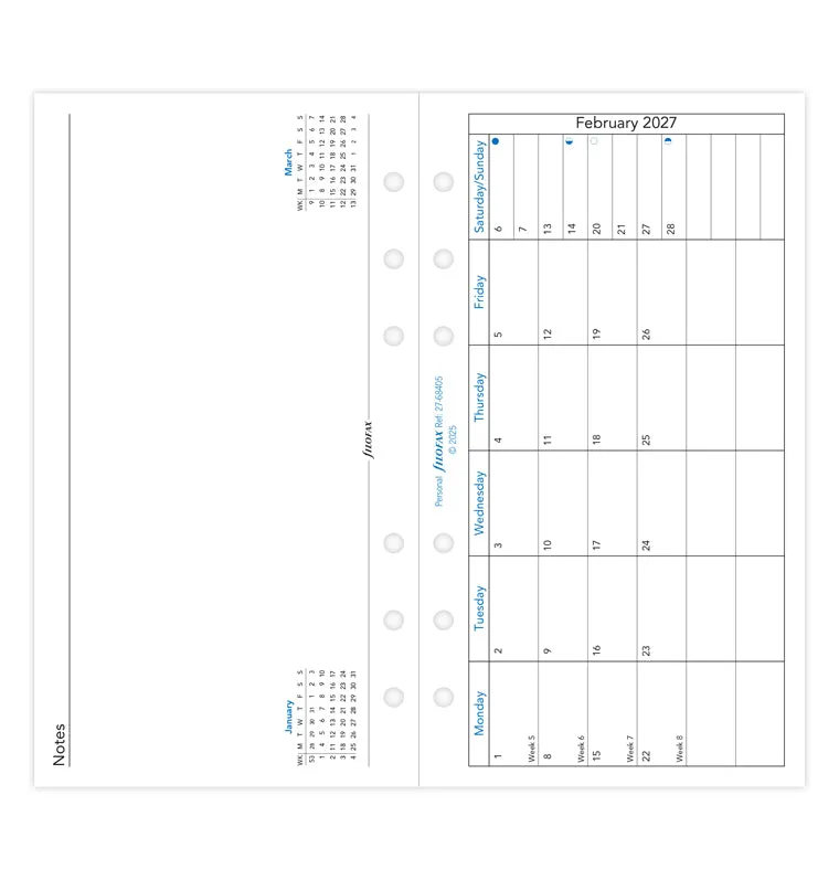 Filofax Classic recharge mensuelle 2027 Personal notes