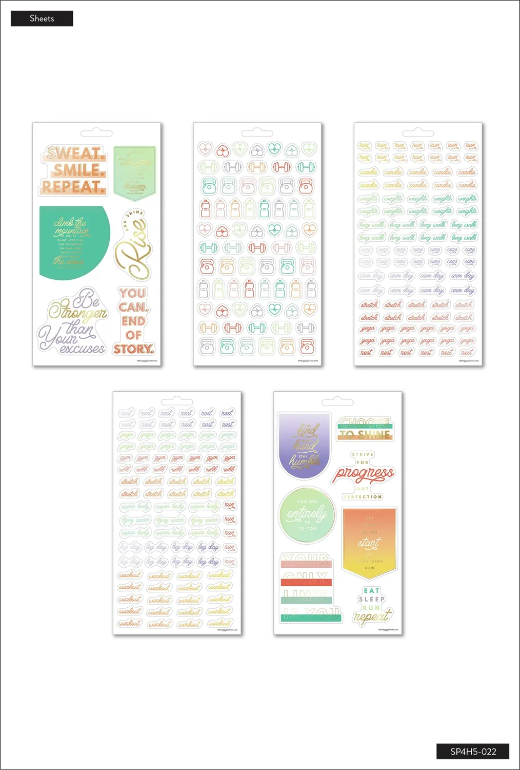Happy Planner Reach New Heights stickers fitness 5 planches doré
