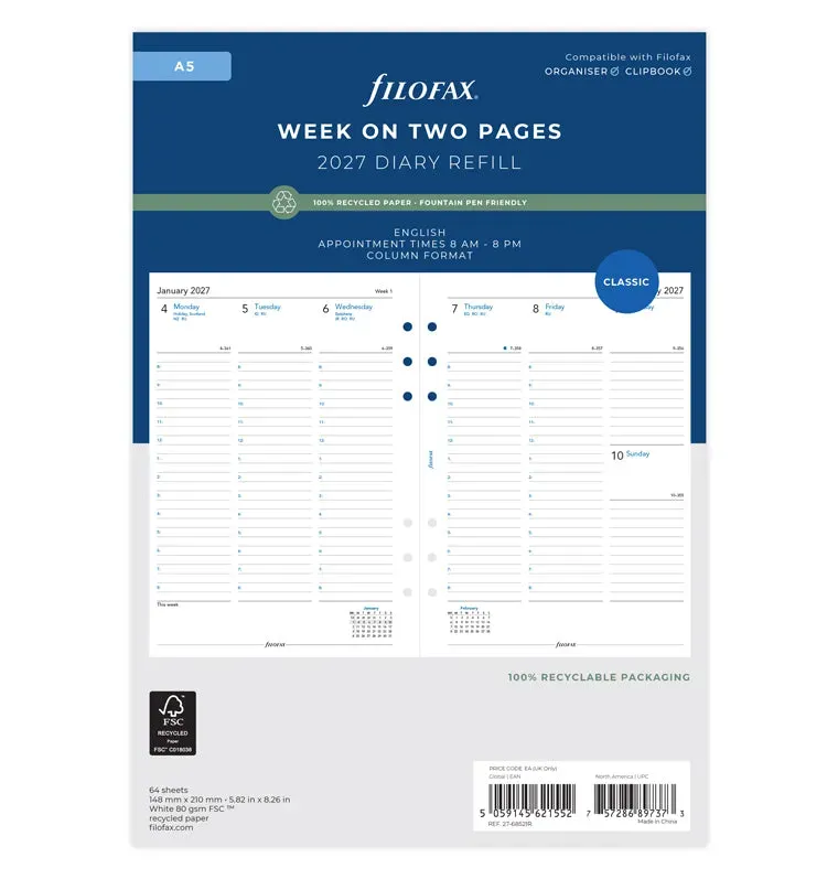 Filofax Classic recharge agenda A5 2027 semaine anglais recyclé