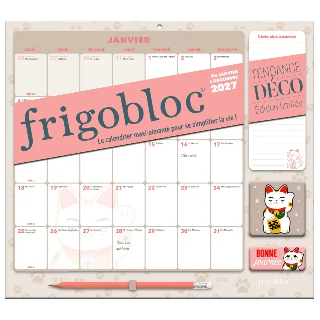 Frigobloc Mensuel 2027 Déco Chats calendrier familial aimanté