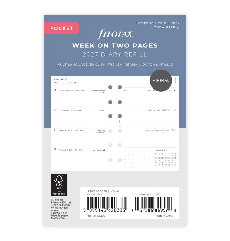 Filofax Minimal recharge hebdo Pocket 2027 blanche