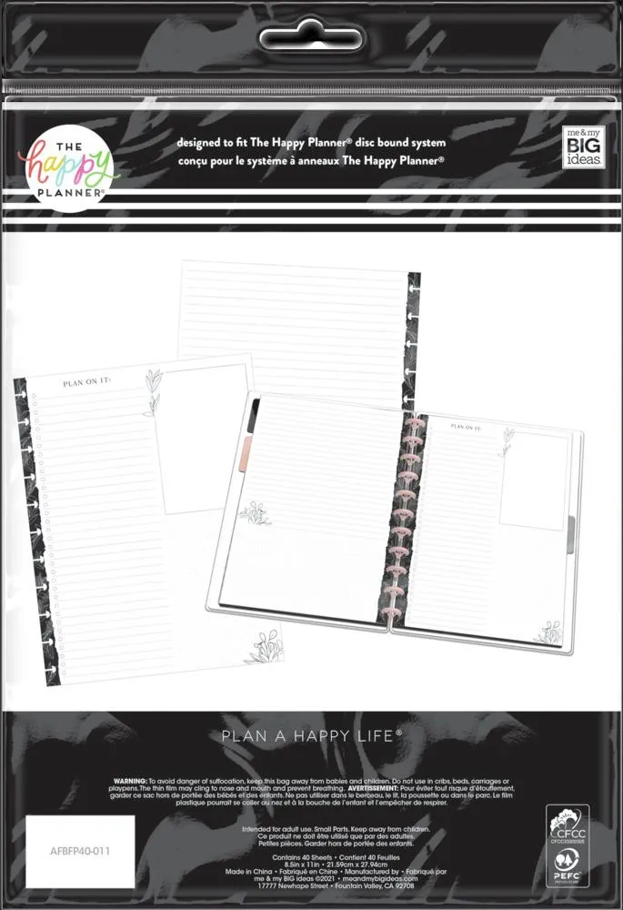Happy Planner Black White Florals recharge papier Big 40 feuilles
