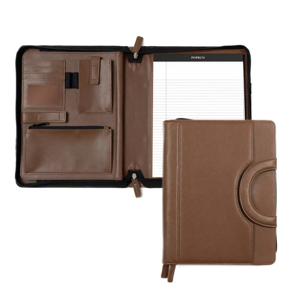 Poprun PF1113PU-BN conférencier zippé cuir marron avec bloc