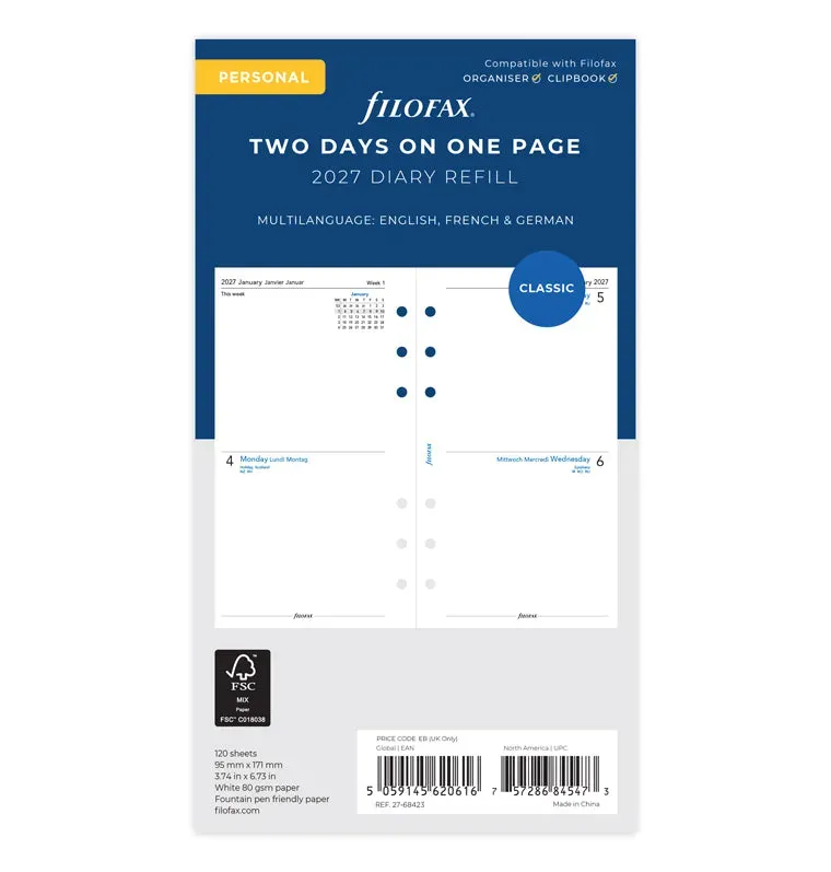 Filofax Classic recharge agenda 2 jours par page Personal 2027