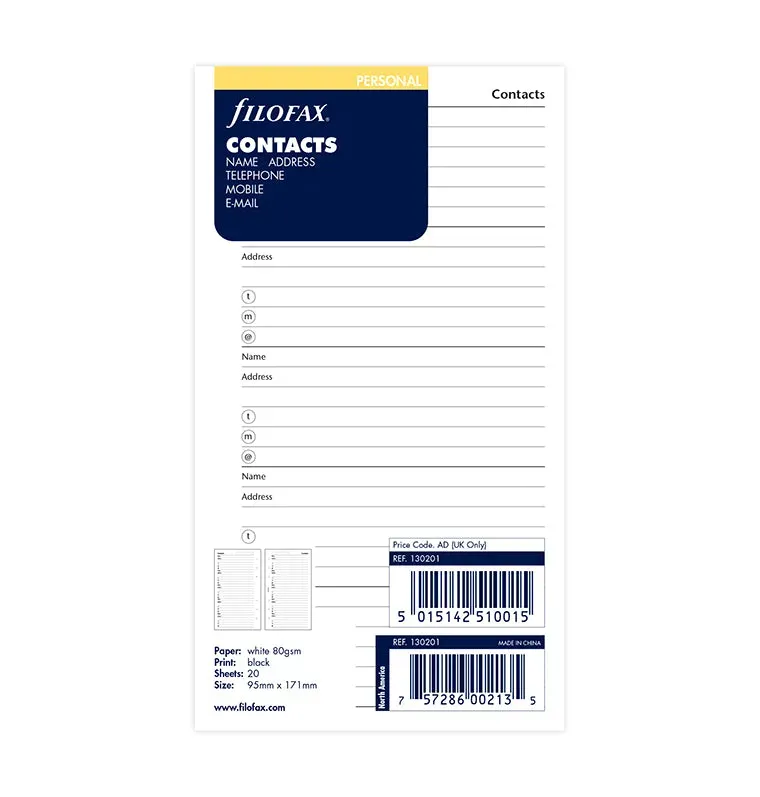 Filofax Personal recharge contacts 20 feuilles à anneaux
