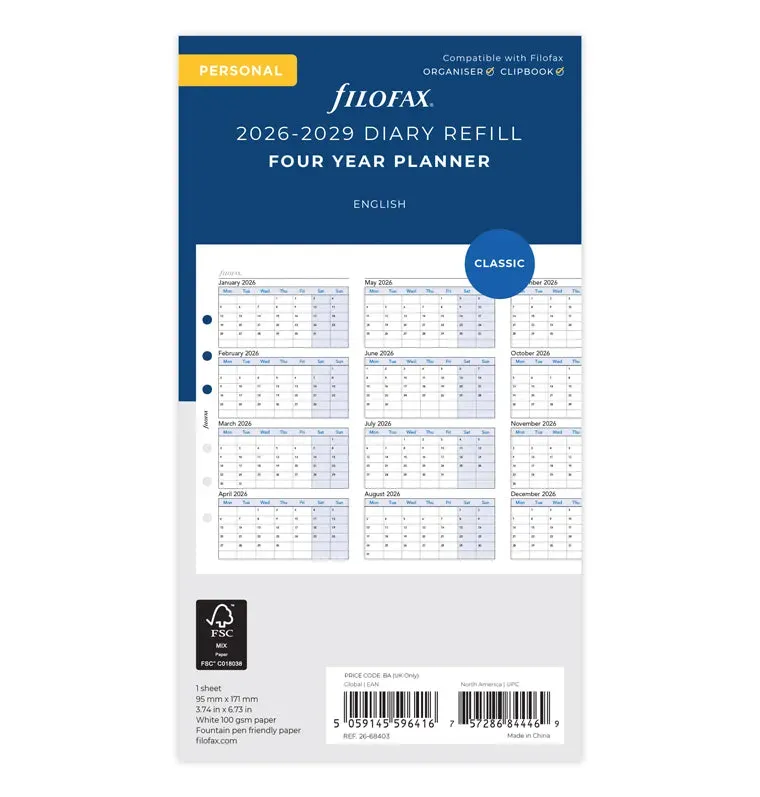Filofax Classic Personal planner vertical 2026-2029 anglais