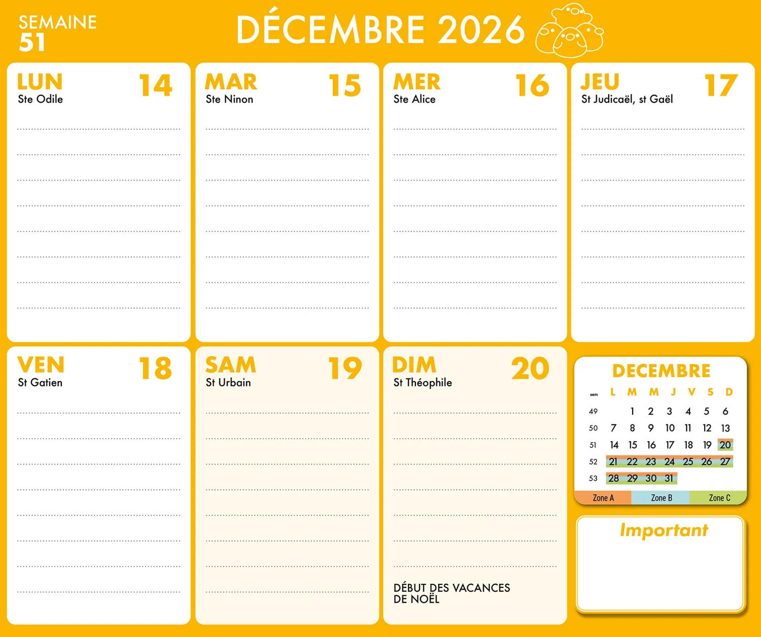 Frigobloc Chefclub mini calendrier familial sept 2026-déc 2027