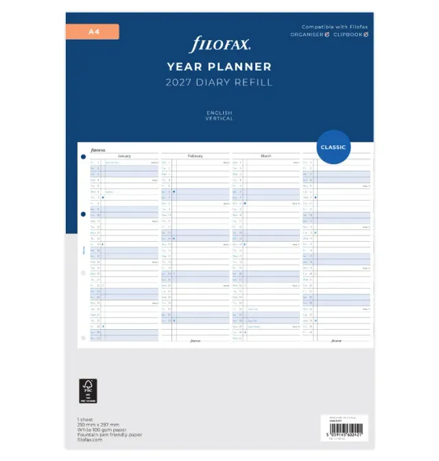 Filofax Classic recharge agenda vertical A4 2027 anglais