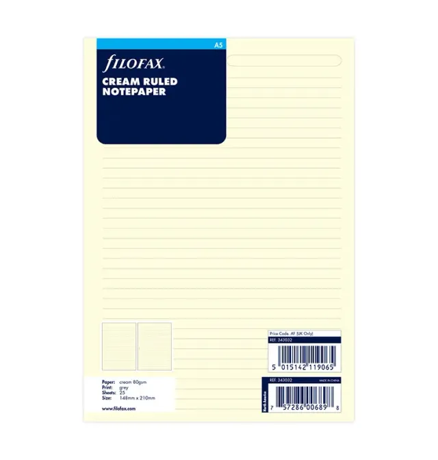 Filofax Classic recharge A5 feuilles lignées crème 25 feuilles