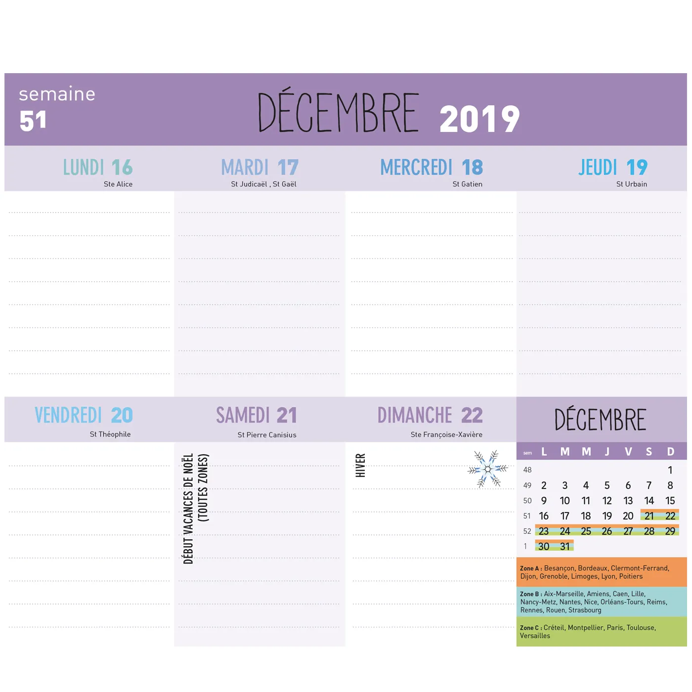 Frigobloc Mini Hebdomadaire 2020 calendrier famille aimanté