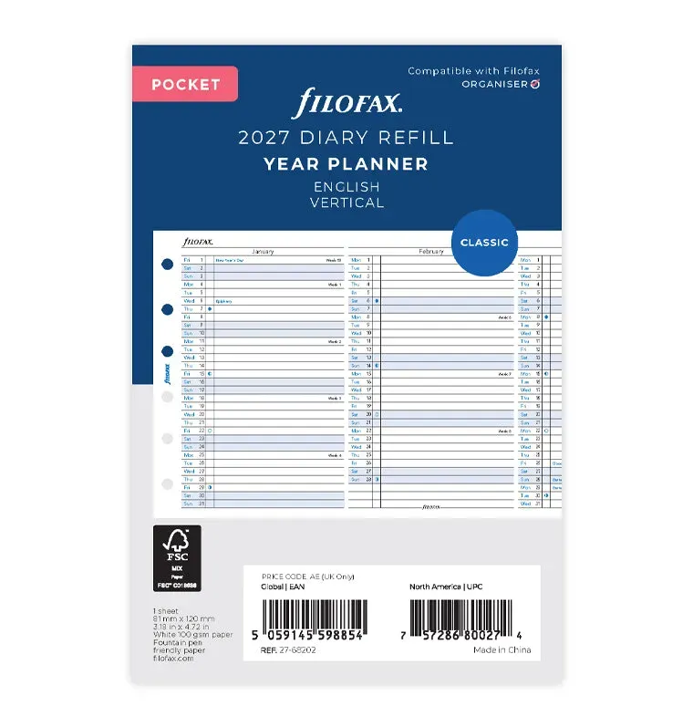 Filofax Classic recharge agenda vertical 2027 pocket