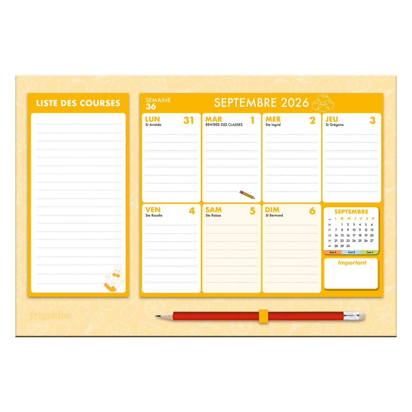 Frigobloc Chefclub mini calendrier familial sept 2026-déc 2027