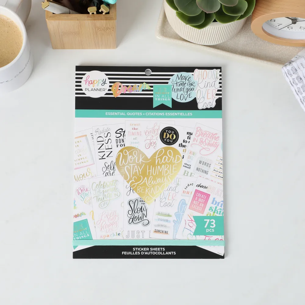 Happy Planner Essential Quotes stickers grand 15 planches 73 doré