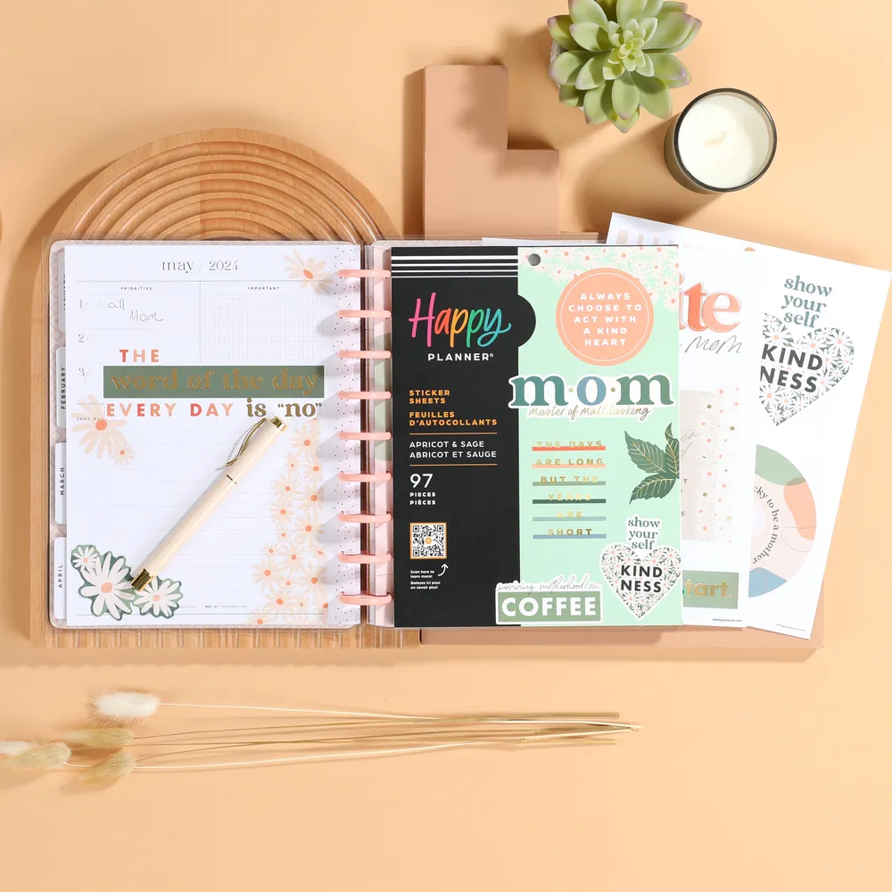 Happy Planner Apricot & Sage Mom stickers grand 97 floral doré