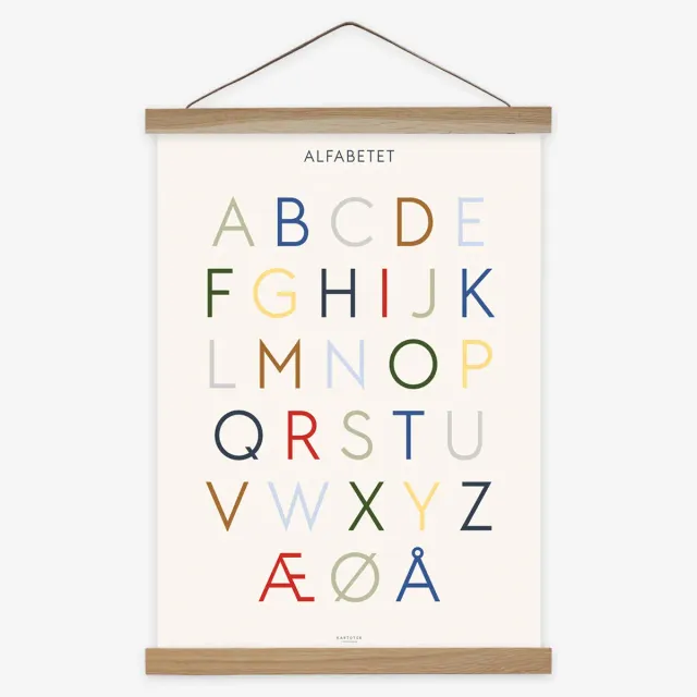 Kartotek Alfabetet affiche alphabet danois 50x70 cadre chêne