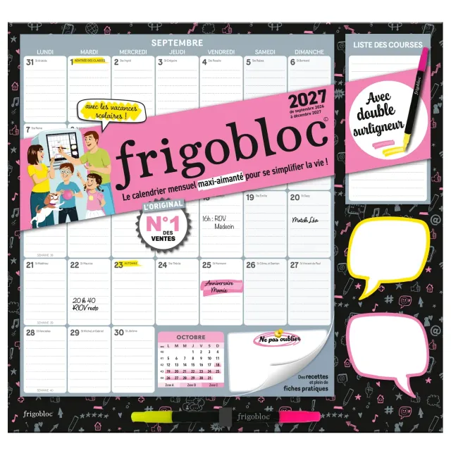 Frigobloc Mensuel Fluo 2027 calendrier familial 16 mois aimanté