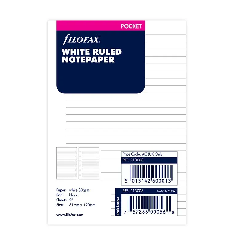 Filofax Pocket recharge feuilles lignées blanches x25
