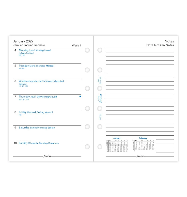 Filofax Classic Pocket recharge semaine par page 2027