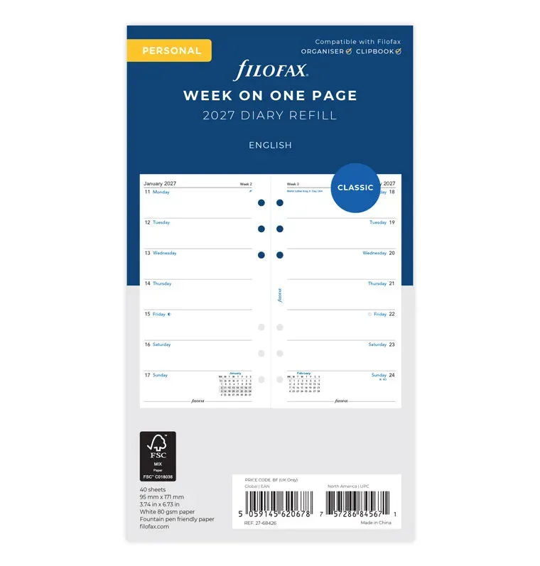 Filofax Classic Personal recharge agenda 2027 semaine page