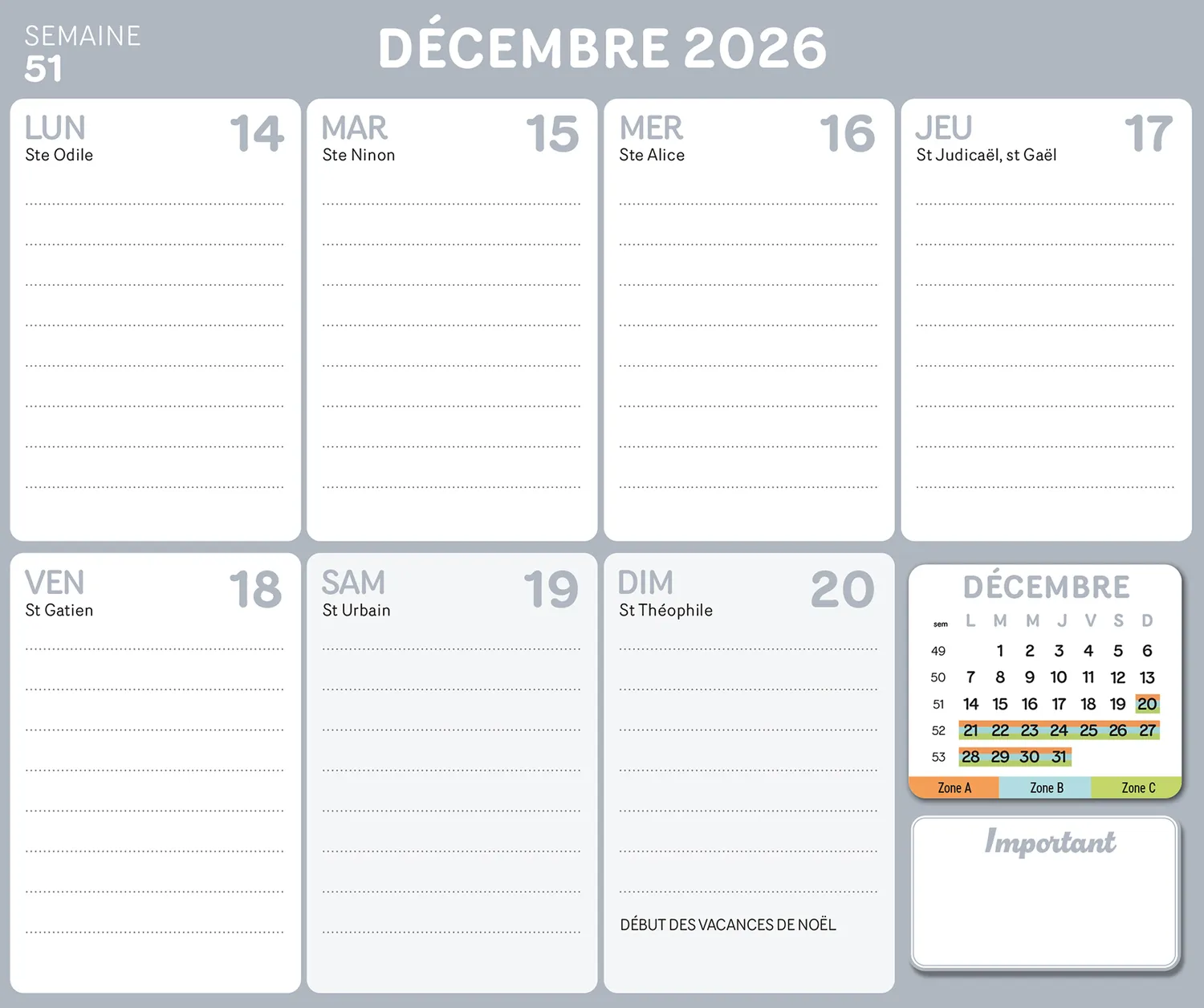 Frigobloc Mini Hebdomadaire 2027 calendrier familial 4 couleurs