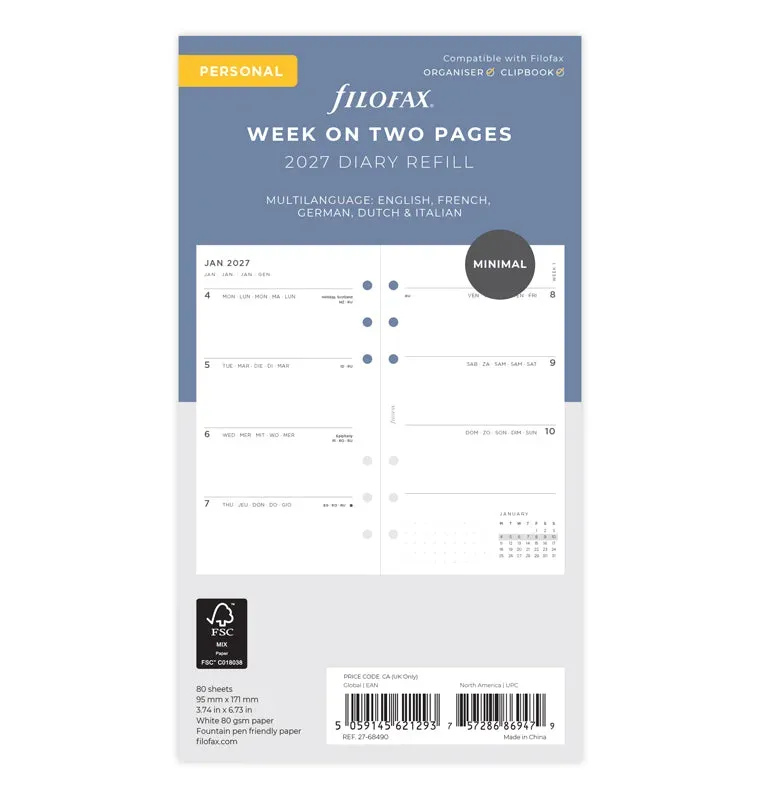 Filofax Minimal agenda 2027 Personal semaine multilingue
