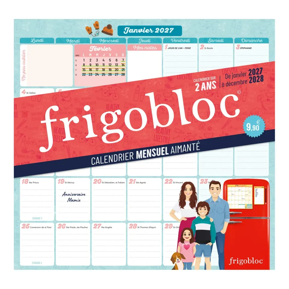 Frigobloc Planning mensuel 2 ans calendrier janv 2027-déc 2028