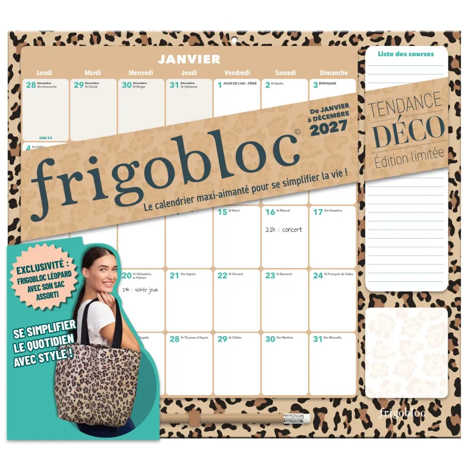 Frigobloc Mensuel Léopard 2027 calendrier familial + sac