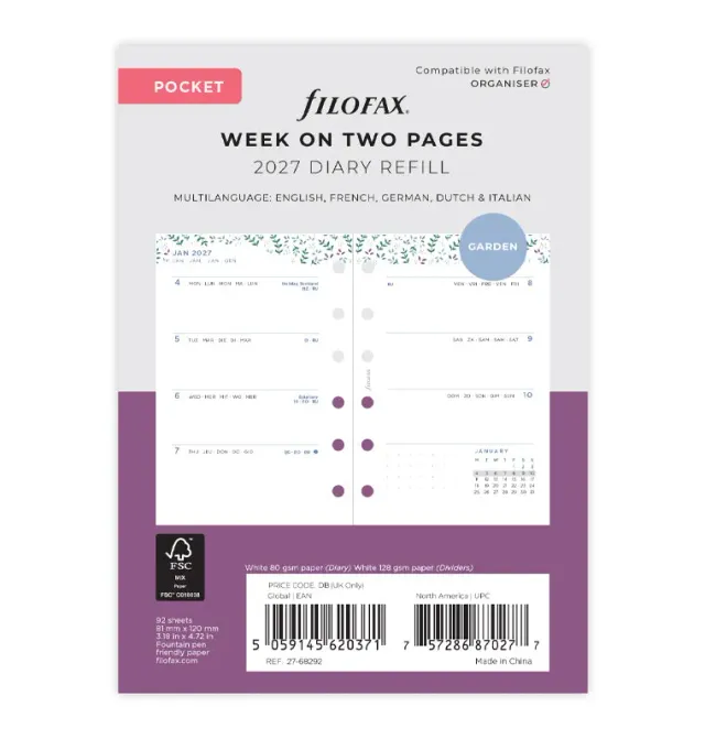 Filofax Garden recharge hebdo Pocket 2027 florale