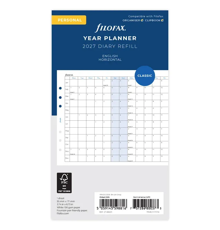 Filofax Personal recharge agenda 2027 horizontal annuel anglais