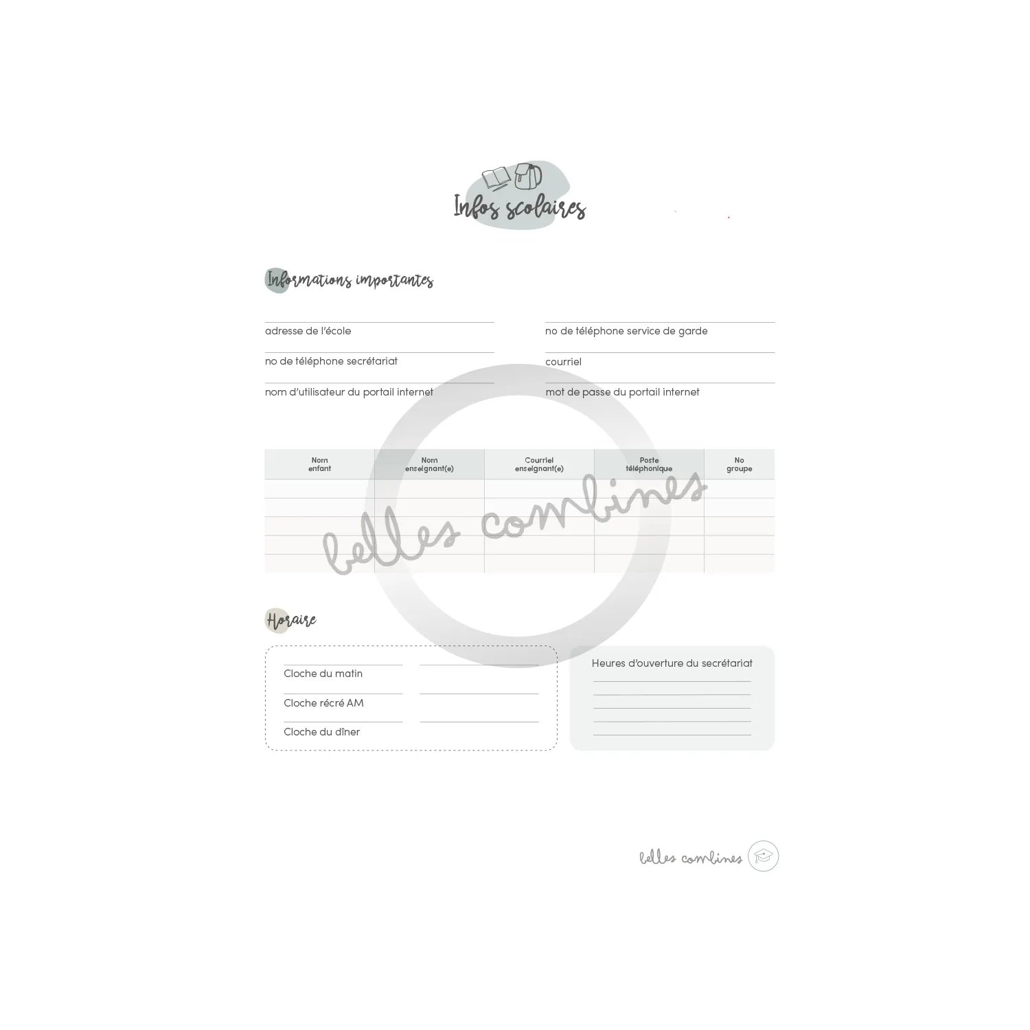 Les Belles Combines Infos scolaires fiche organisation française