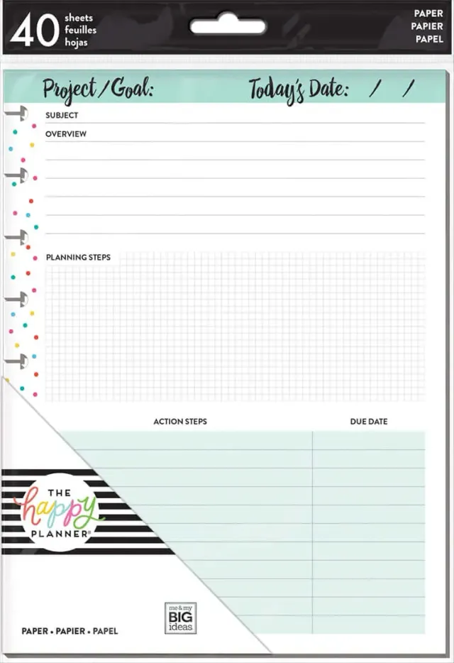 Happy Planner Project papier recharge Classic 40 feuilles