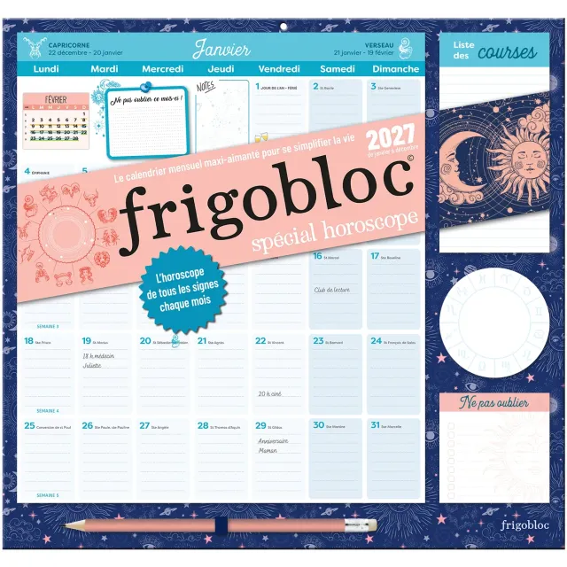 Frigobloc Mensuel 2027 Horoscope calendrier familial aimanté