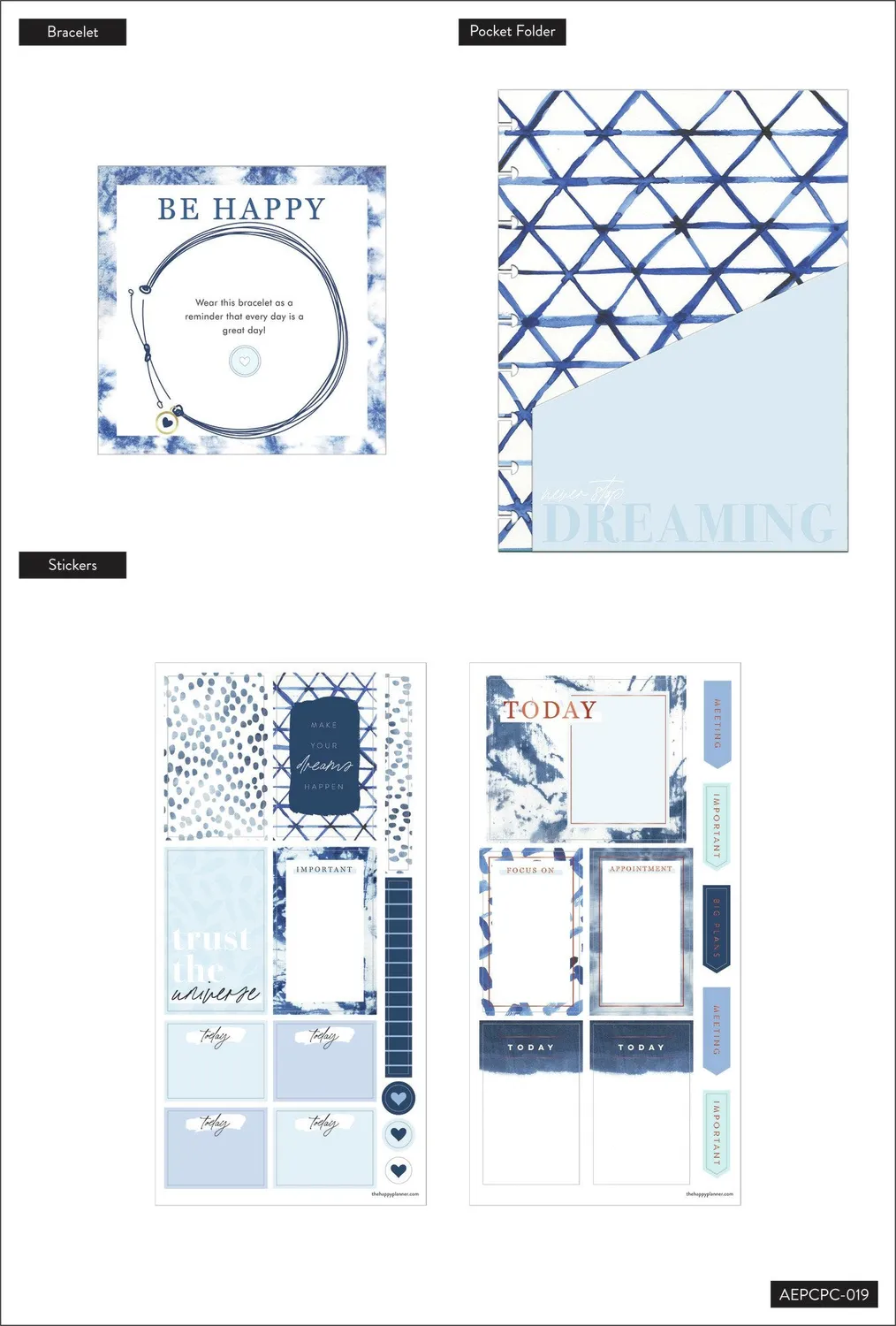 Happy Planner Indigo Tie Dye compagnon accessoires Classic