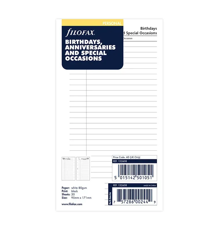 Filofax Classic recharge anniversaires personal occasions