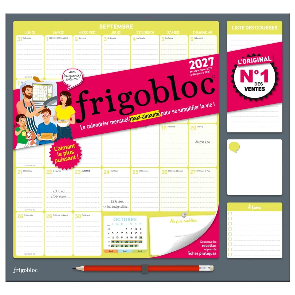 Frigobloc Mensuel 2027 calendrier familial 16 mois aimanté