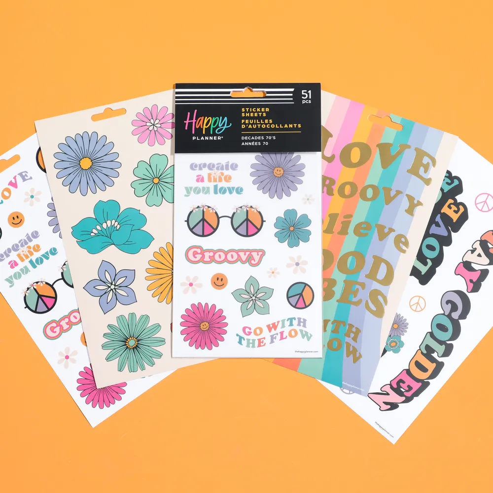 Happy Planner Decades 70s stickers disco 5 feuilles 51 pièces