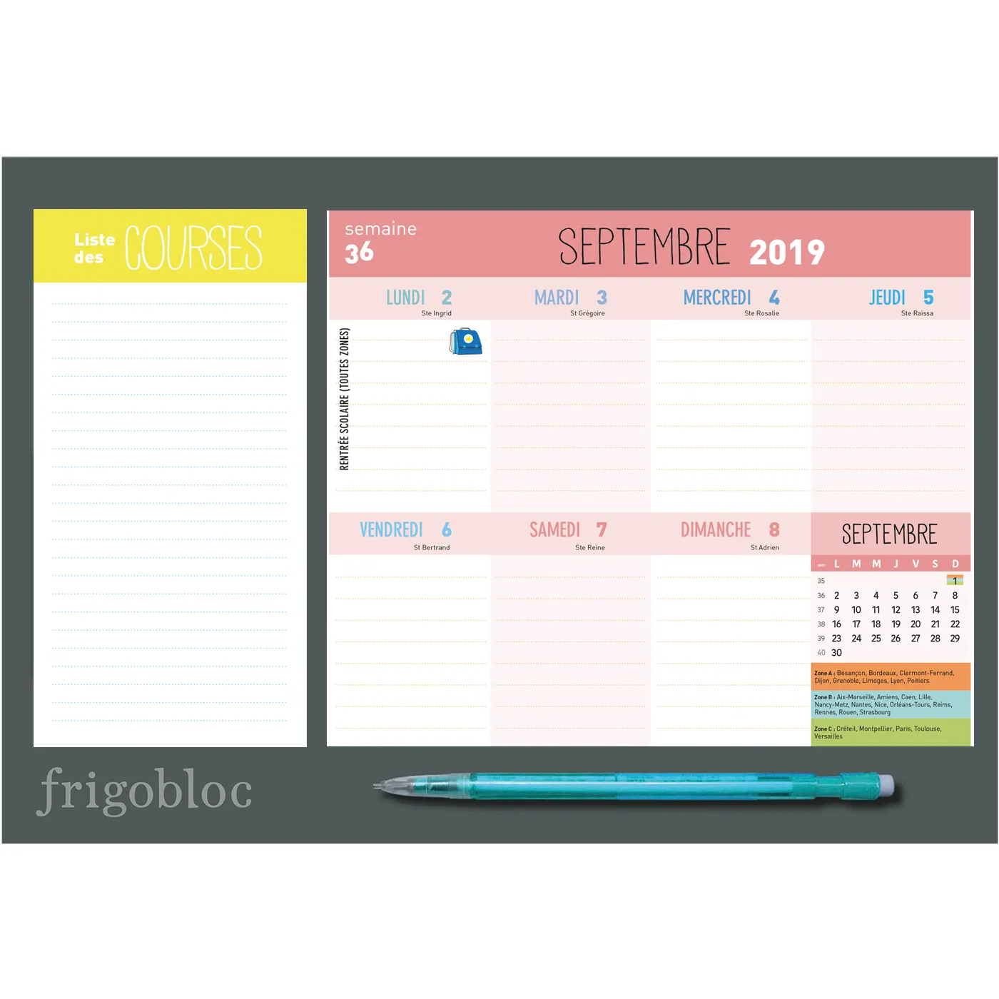 Frigobloc Mini Hebdomadaire 2020 calendrier famille aimanté